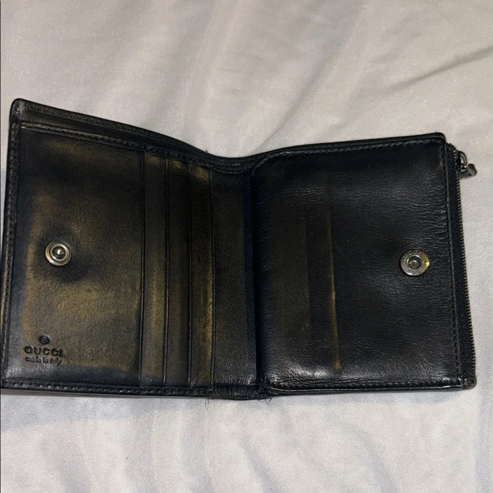 Authentic GUCCI Black GG Canvas Bi-fold Wallet w/ Coin Pouch - Metal Bar Logo